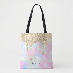 *~* Gold Glitter Pastel Unicorn Mermaid Rainbow Tote Bag