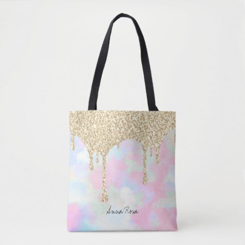  Gold Glitter Pastel Unicorn Mermaid Rainbow Tote Bag