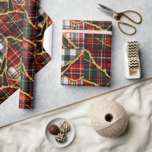 Gold Glitter Patchwork Plaid Christmas Wrapping Paper