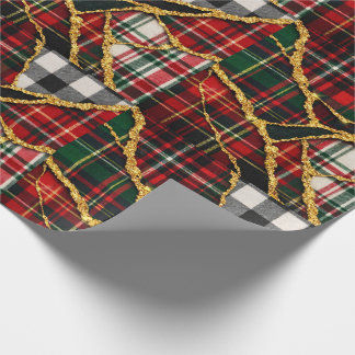 Gold Glitter Patchwork Plaid Christmas Wrapping Paper