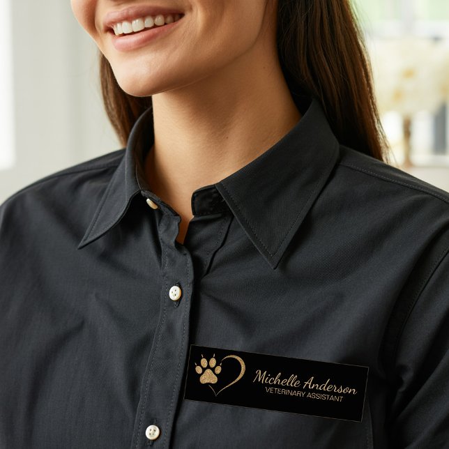 Gold glitter Paw Heart Veterinary Vet Business   Name Tag (Creator Uploaded)
