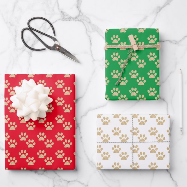 Gold Glitter Paw Prints Pet Lovers Holiday Wrapping Paper Sheets (Front)