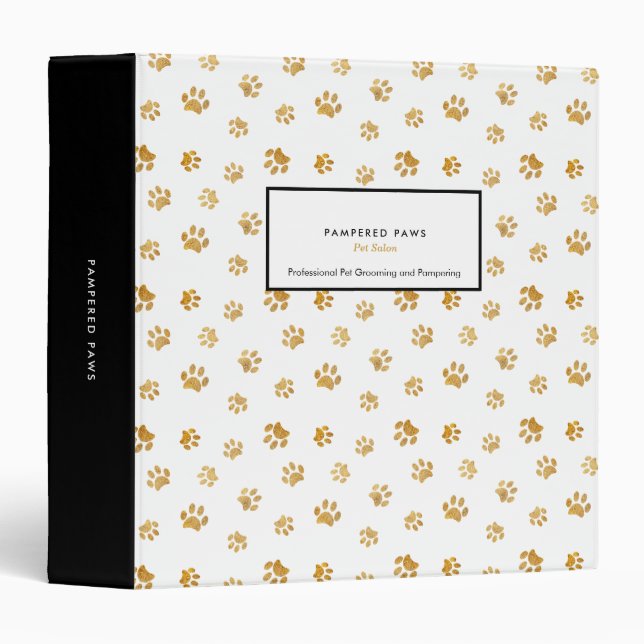 Gold Glitter Paw Prints Professional Pet Salon 3 Ring Binder (Front/Spine)