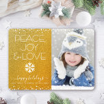 Gold Glitter Peace Joy Love Photo Snowflake Modern Holiday Card<br><div class="desc">“Peace, joy & love.” A fun, playful, white snowflake illustration and modern typography on a sparkly, faux gold glitter background help you usher in the holiday season, along with the custom photo of your choice. White confetti dots frame the card. Feel the warmth and joy of the holidays whenever you...</div>