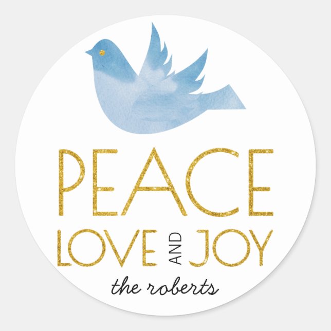 Gold glitter Peace, Love, Joy blue dove Christmas Classic Round Sticker (Front)