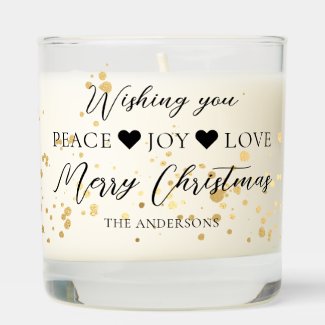 Gold glitter Peace Love Joy sparkly personalized scented candles