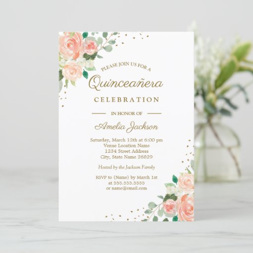 Gold Glitter Peach Floral Quinceanera Invite | Zazzle