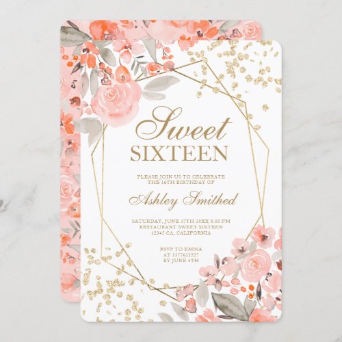 Gold glitter peach pink floral watercolor Sweet 16 Invitation