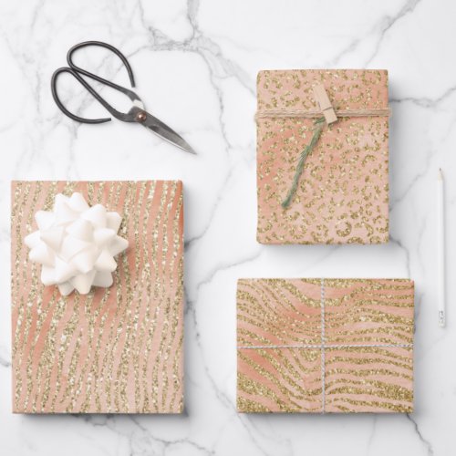 Gold Glitter Peach Rose Animal Prints Wrapping Paper Sheets