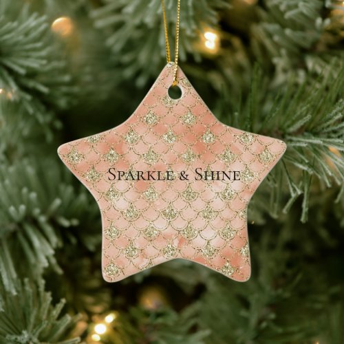 Gold Glitter Peach Rose Mermaid      Ceramic Ornament