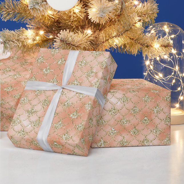 Gold Glitter Peach Rose Mermaid Wrapping Paper (Holidays)