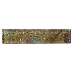 Gold glitter peacock feathers name plate