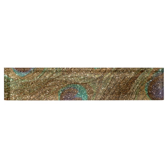 Gold glitter peacock feathers name plate (Front)