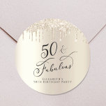 Gold Glitter Personalized 50th Birthday Classic Round Sticker<br><div class="desc">Send out your fiftieth birthday party invitations and correspondence sealed with these elegant and chic personalized stickers. "50 & Fabulous" is written in stylish script against a champagne gold faux foil background,  with gold faux glitter dripping from the top. You can personalize with your name.</div>