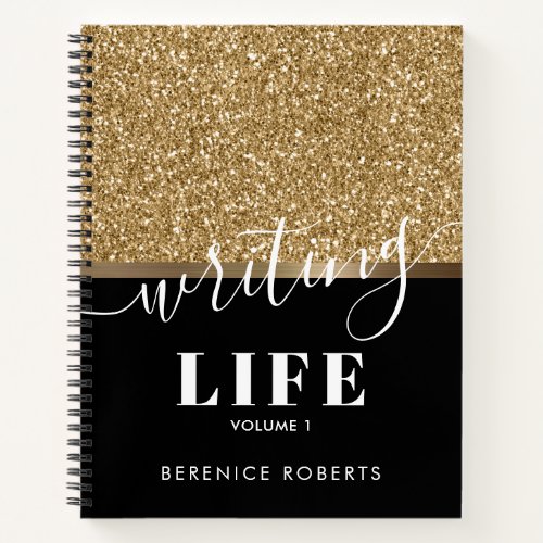 Gold Glitter Personalized Black Writers Notebook