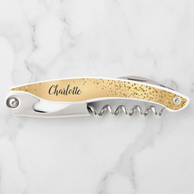Gold Glitter Personalized Bridesmaid Corkscrew (Front)