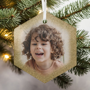Gold Glitter Personalized Photo Christmas Glass Ornament