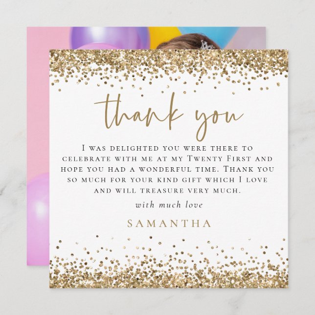 Gold Glitter Photo 21st Square Thank You Note Card (Front/Back)