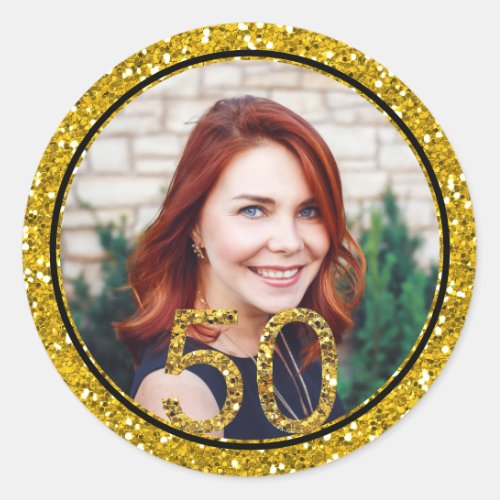 Gold Glitter Photo 50th Birthday Party Favors Classic Round Sticker