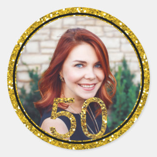 Gold Glitter Photo 50th Birthday Party Favors Classic Round Sticker