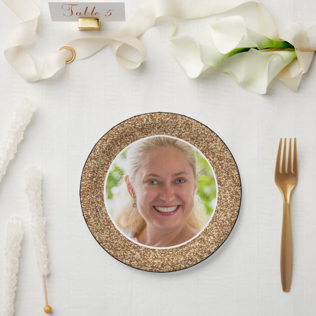 Gold Glitter Photo Birthday Paper Plates (Wedding)