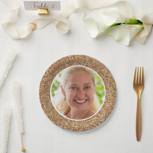 Gold Glitter Photo Birthday  Paper Plates (Wedding)