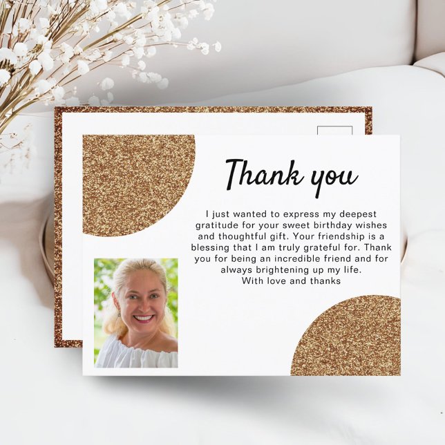 Gold Glitter Photo Birthday Thank you Postcard (Creator Uploaded)