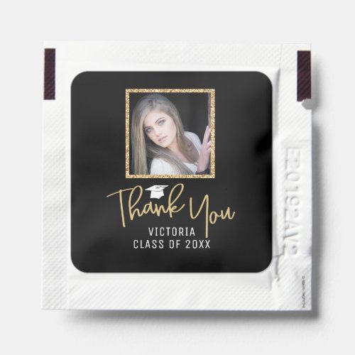 Gold Glitter Photo Black Graduation Thank You Hand Sanitizer Packet