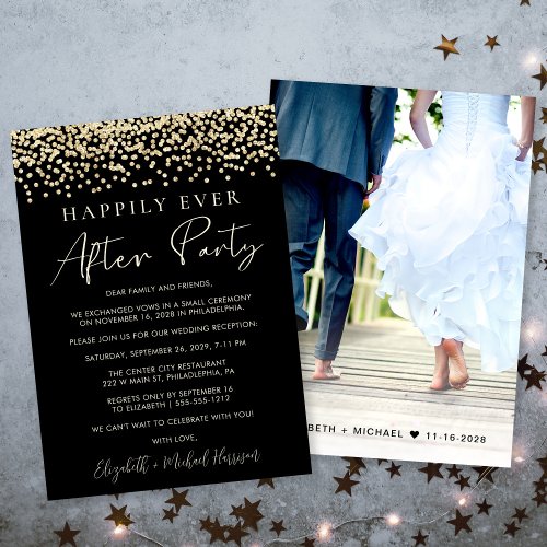 Gold Glitter Photo Black Wedding Reception Announcement
