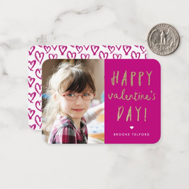 Gold Glitter Photo Classroom Happy Valentine’s Day Note Card (Front/Back In Situ)