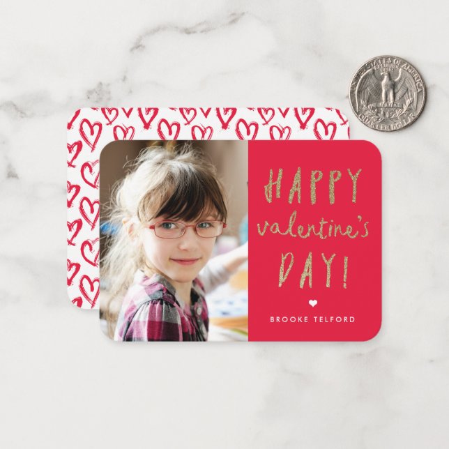 Gold Glitter Photo Classroom Happy Valentine’s Day Note Card (Front/Back In Situ)