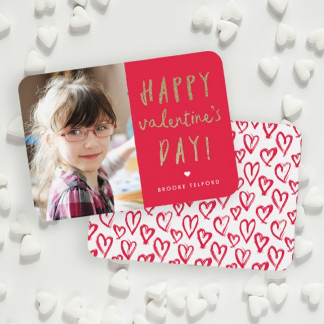 Gold Glitter Photo Classroom Happy Valentine’s Day Note Card (Handwritten gold glitter photo classroom Valentine's Day cards.)
