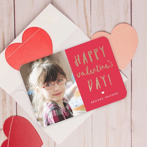 Gold Glitter Photo Classroom Happy Valentines Day Note Card