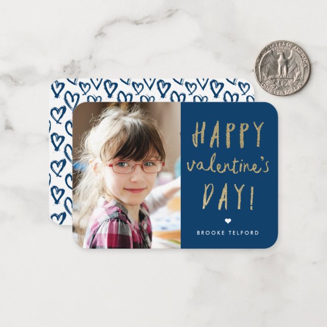 Gold Glitter Photo Classroom Happy Valentine’s Day Note Card (Front/Back In Situ)