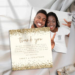 Gold Glitter Photo Cream Engagement Thanks Note Card<br><div class="desc">Gold Glitter Photo Engagement Cream Thank You. Borders of faux gold glitter are at the top and bottom edges and Thank You is in a set handwriting style script in coordinating gold. Easily personalise the rest of the text. On the back replace the sample image with a favorite one from...</div>