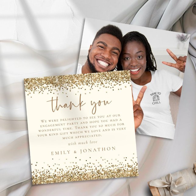 Gold Glitter Photo Cream Engagement Thanks Note Card (Front and back view)
