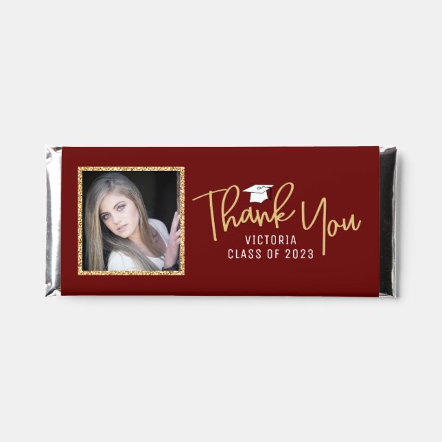 Gold Glitter Photo Dark Red Graduation Thank You Hershey Bar Favors (Front)