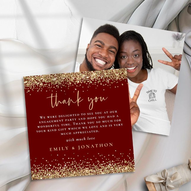 Gold Glitter Photo Engagement Thanks Burgundy Note Card (Front and back view)