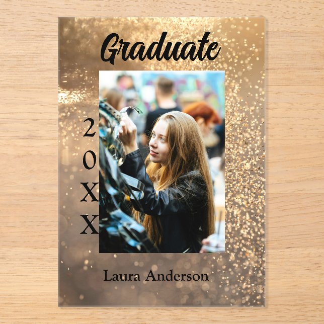 Gold glitter photo graduation add name class text acrylic invitations (Front)