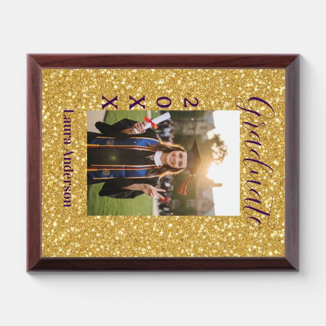 Gold glitter photo graduation add name class text award plaque (Horizontal)