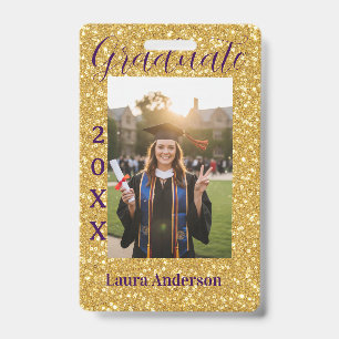 Gold glitter photo graduation add name class text badge