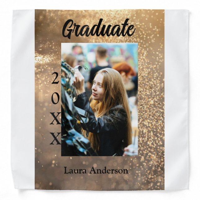 Gold glitter photo graduation add name class text bandana (Front)