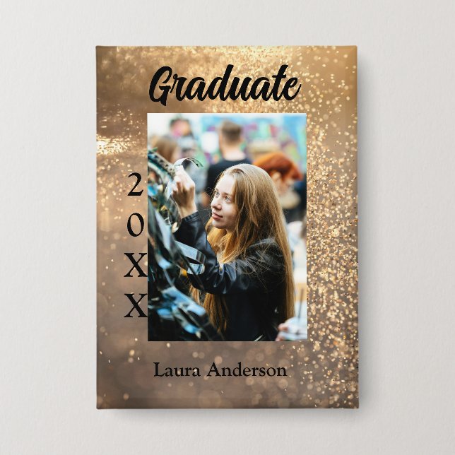 Gold glitter photo graduation add name class text button (Front)