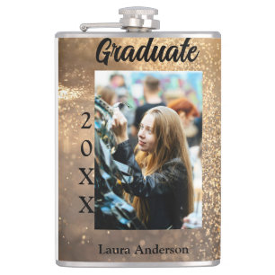 Gold glitter photo graduation add name class text flask