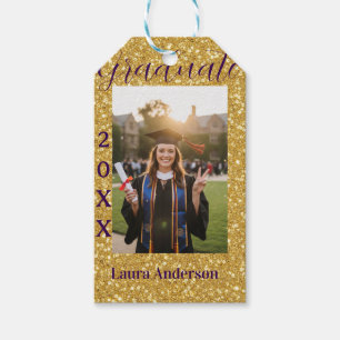 Gold glitter photo graduation add name class text gift tags
