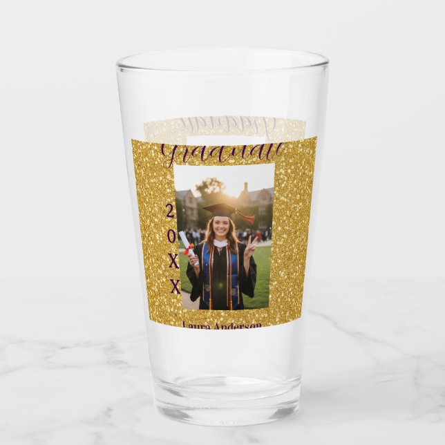 Gold glitter photo graduation add name class text glass (Front)