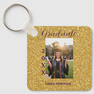 Gold glitter photo graduation add name class text keychain