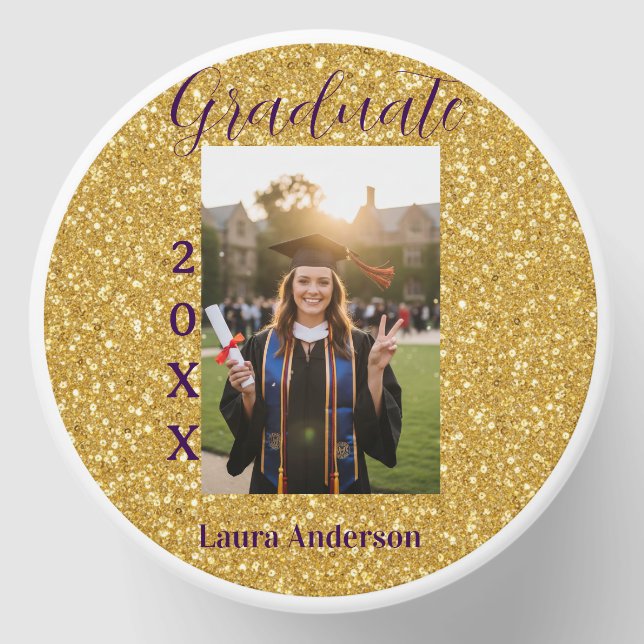 Gold glitter photo graduation add name class text mini candle favors (Front)