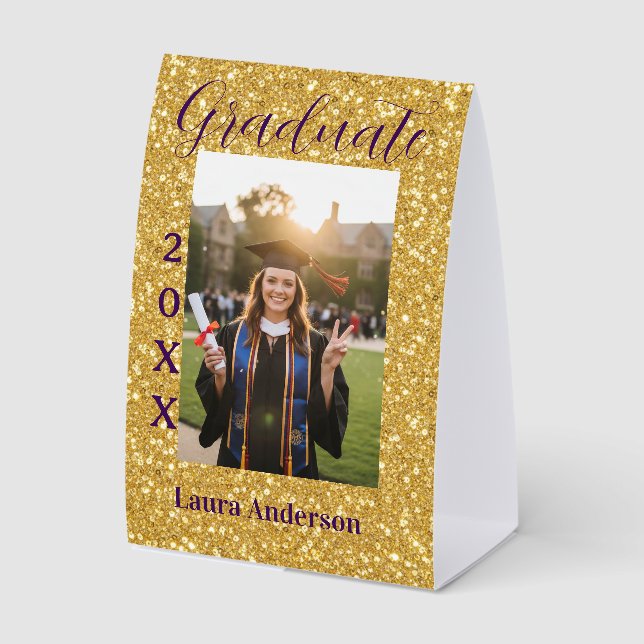 Gold glitter photo graduation add name class text paper table tent  (Front)