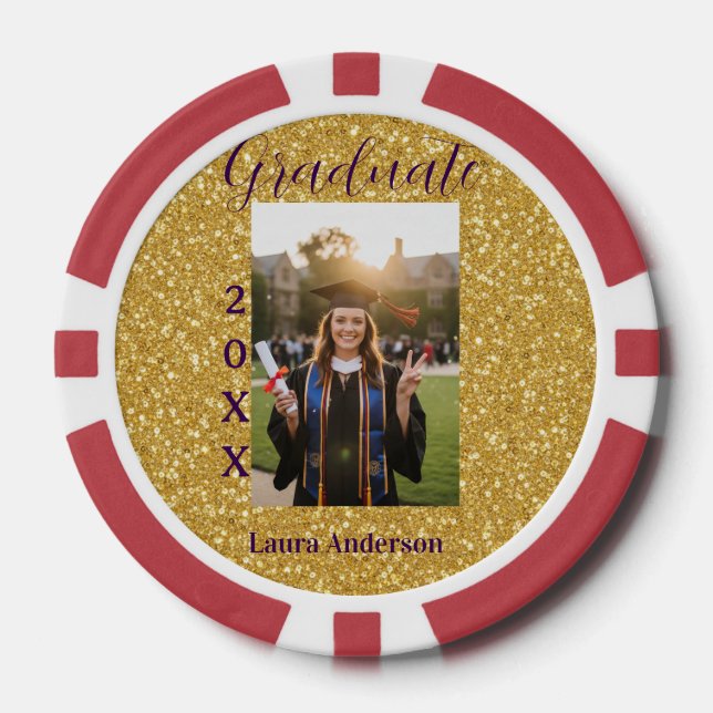 Gold glitter photo graduation add name class text poker chips (Front)